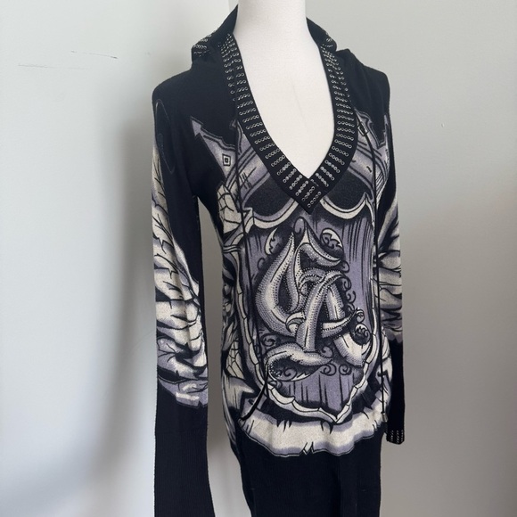 Christian Audigier Hoodie Dress – Gothic Tattoo Print, Rhinestone, LA Streetwear - Picture 7 of 15